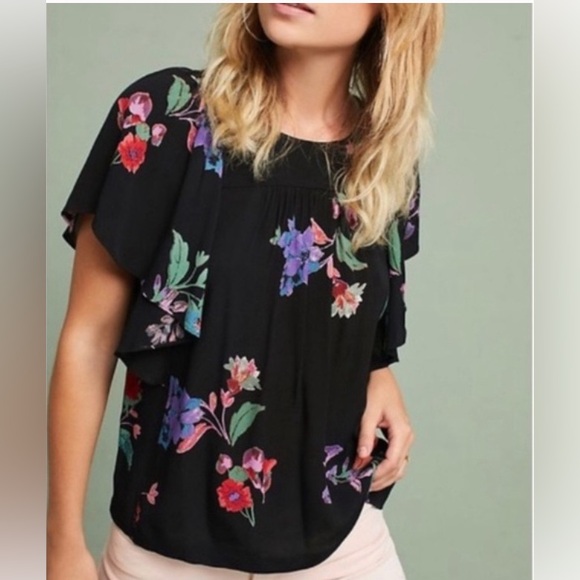 💜Anthropologie Maeve Floral Print Flutter Sleeve Blouse Size XXS - Picture 1 of 9